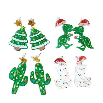 Yeni Yeşil Alpaka Noel Küpe Dinozor Noel Ağacı Kaktüs Şapka Desen Şenlikli Takı Akrilik Noel Küpe